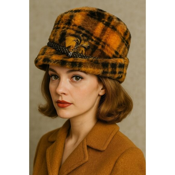 Vintage 1960s Faux Fur Plaid Fedora Hat Brown Orange w/ Feather Accent – Union M - Picture 7 of 7